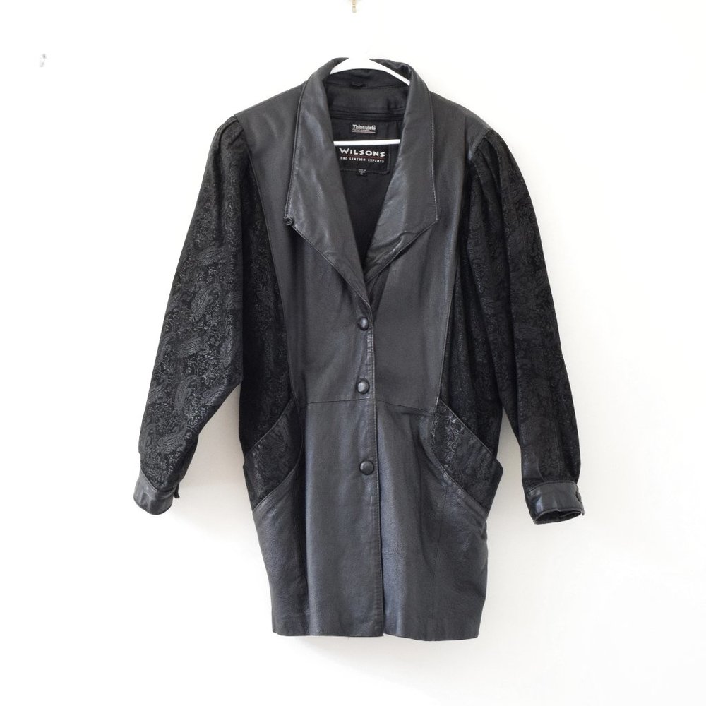 WILSONS LEATHER Black Leather Paisley Sleeve Thinsulate Moto Jacket | Size S